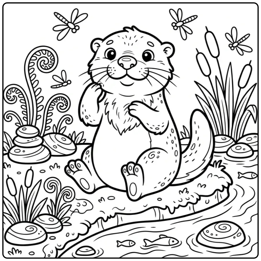 Otter coloring page featuring an otter on the riverbank