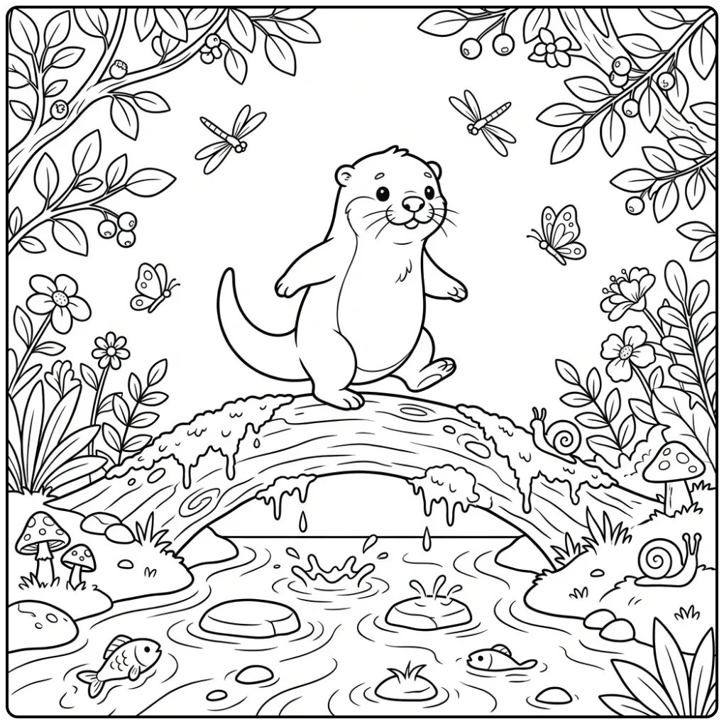 Otter coloring page featuring an otter on a log