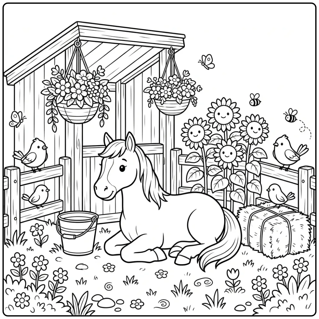 Fun Horse with Flowers by the Stable coloring page