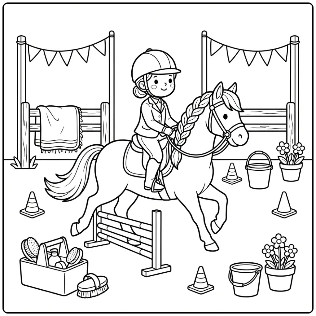 Fun Horse with Rider at an Obstacle coloring page