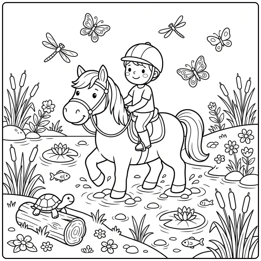 Fun Horse with Rider by the River coloring page