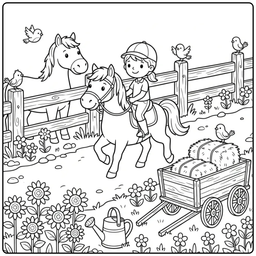 Fun Horse with Rider Along the Fence coloring page