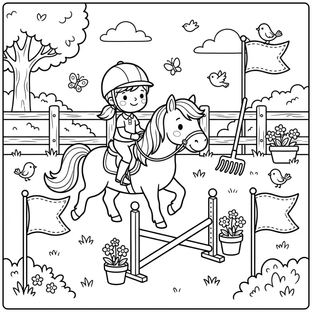 Fun Horse with Rider Practicing for the Contest coloring page