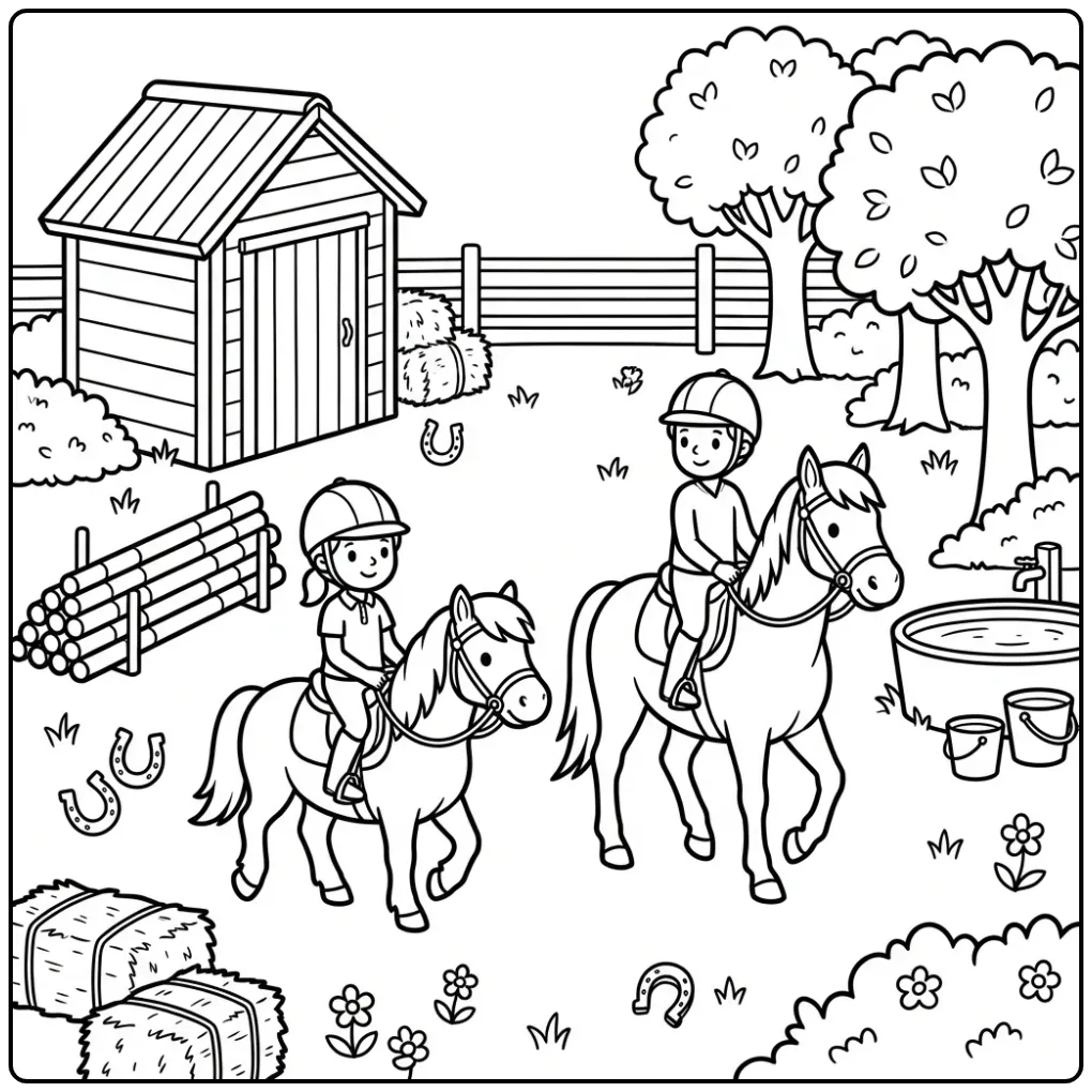 Fun Horse with Rider at the Riding School coloring page