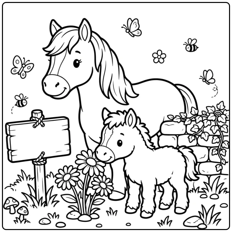 Fun Horse with Foal Smelling Flowers coloring page