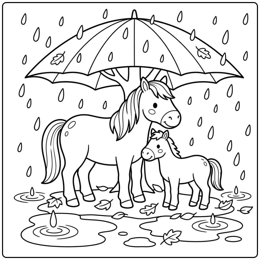 Fun Horse with Foal in the Rain coloring page