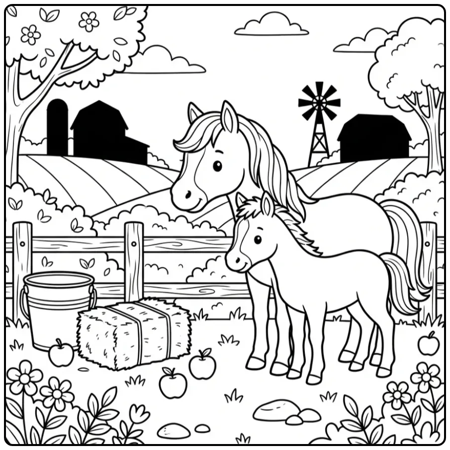 Fun Horse and Foal with Hay and Apples coloring page