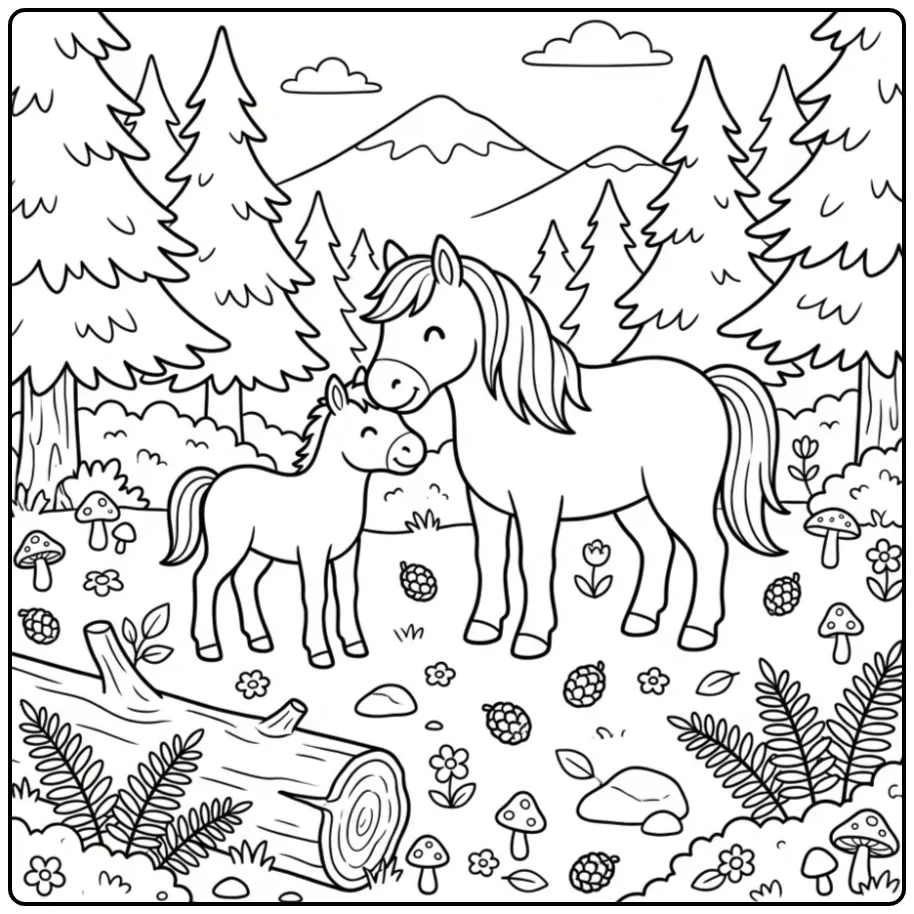 Fun Horse with Foal Among Pine Cones coloring page