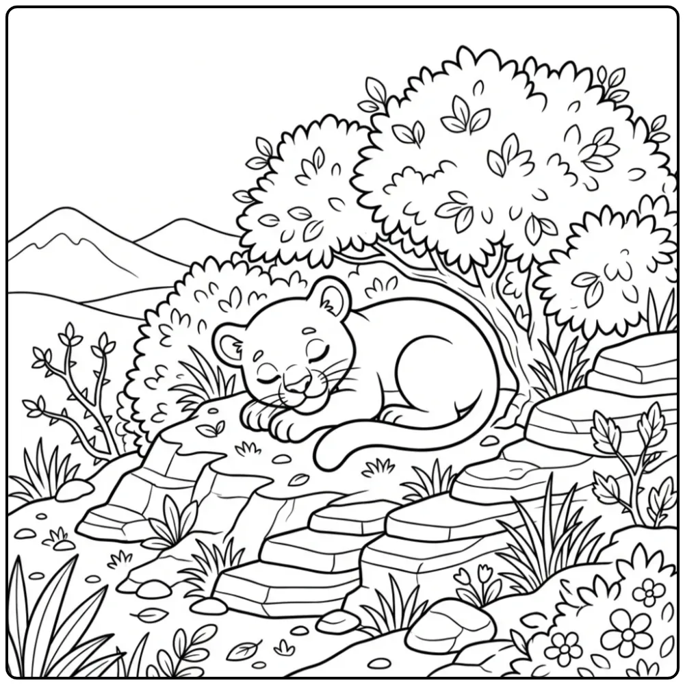 Fun Panther on a Mountainside with Plants coloring page