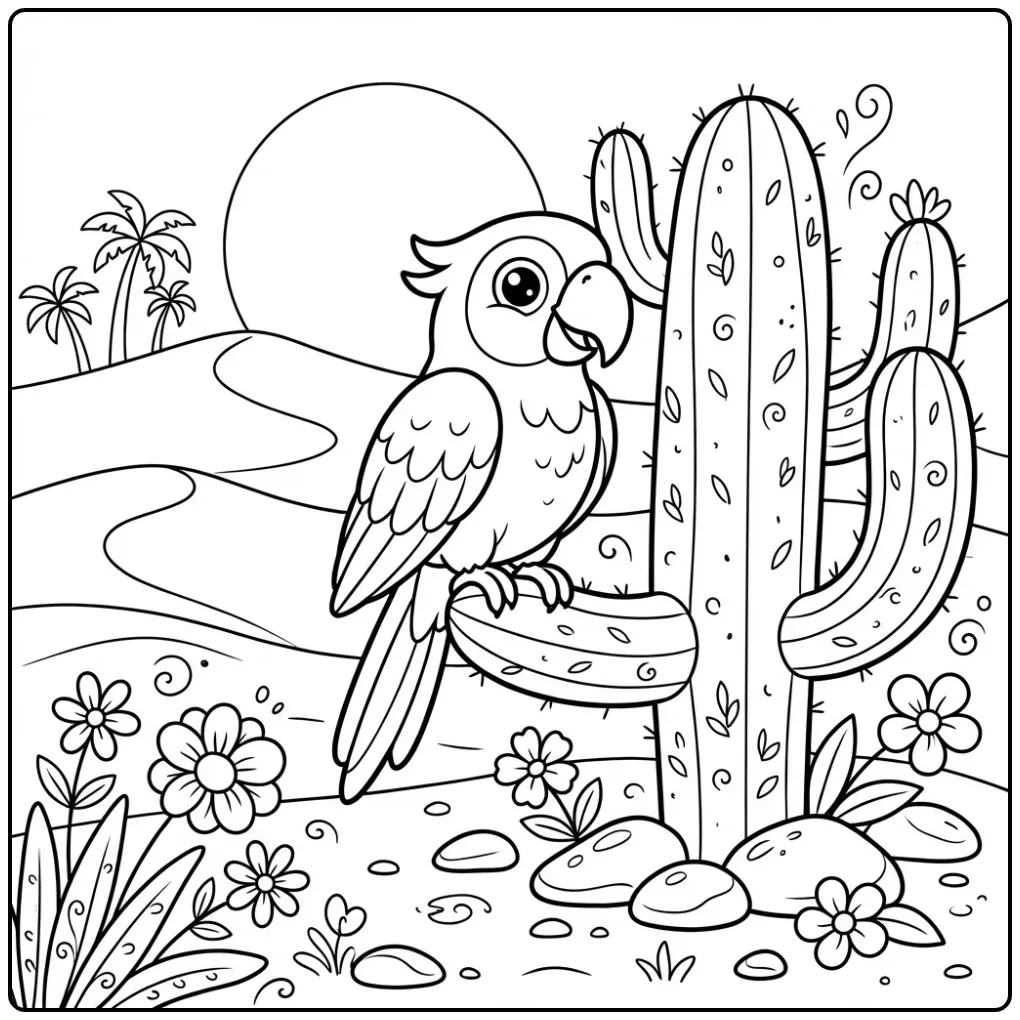 Fun Parrot on a Cactus in the Desert coloring page