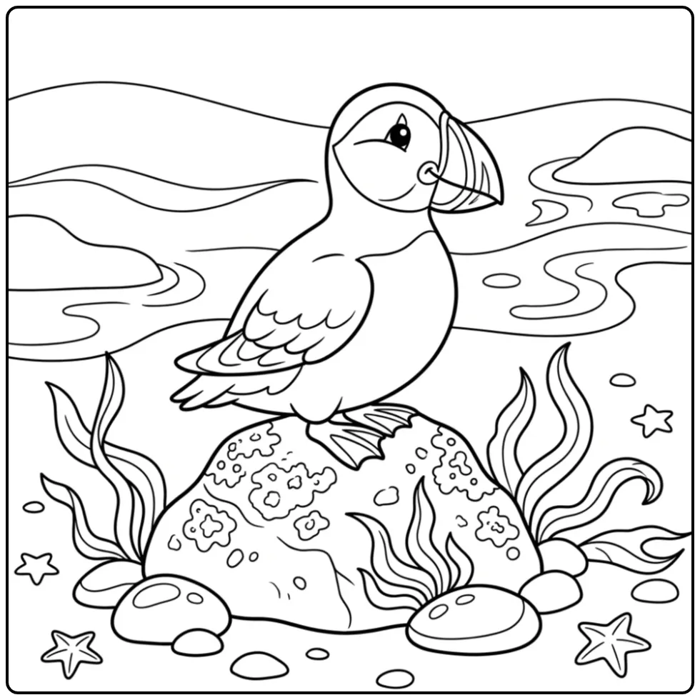 Fun Puffin with Starfish and Waves coloring page