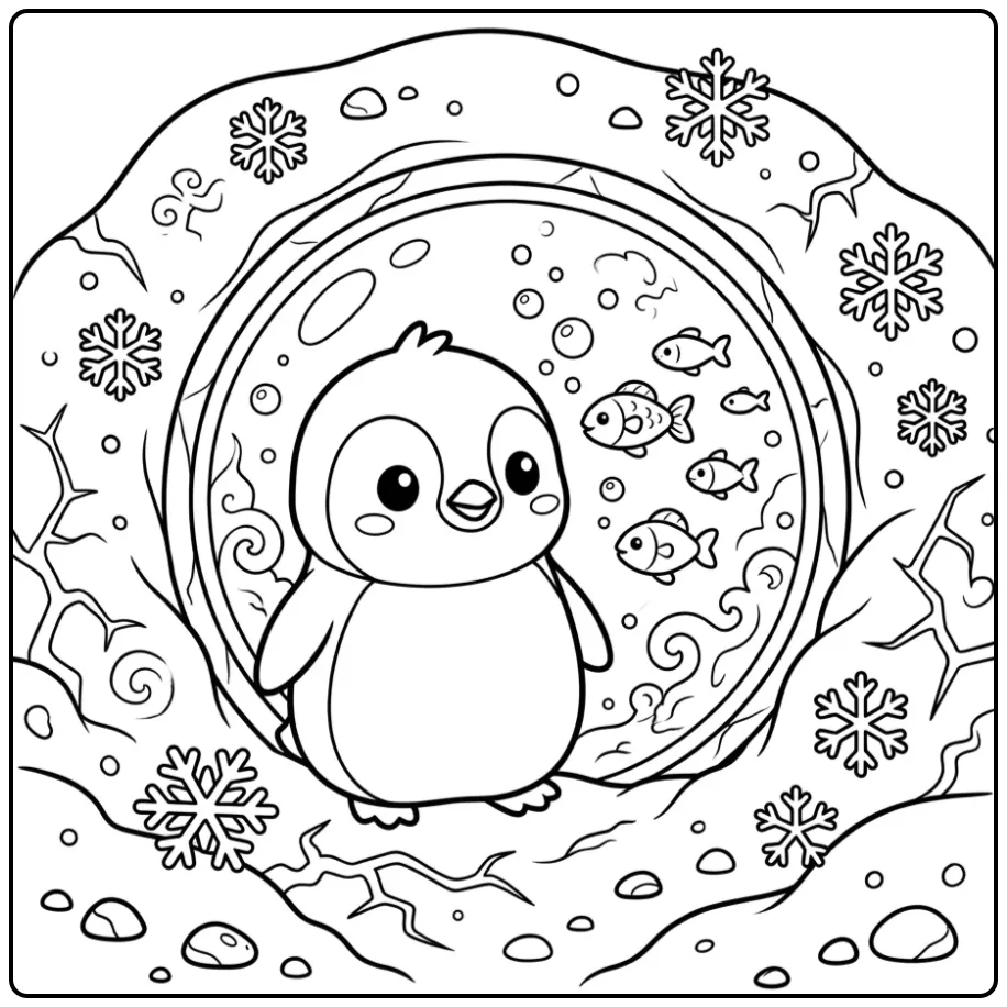 Fun Penguin in the Snow with Fish coloring page