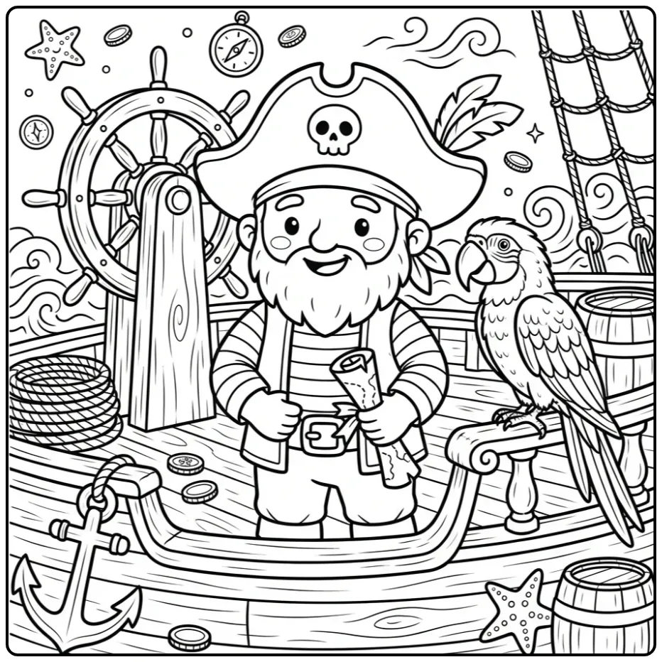 Fun Pirate with Parrot and Treasure Map coloring page