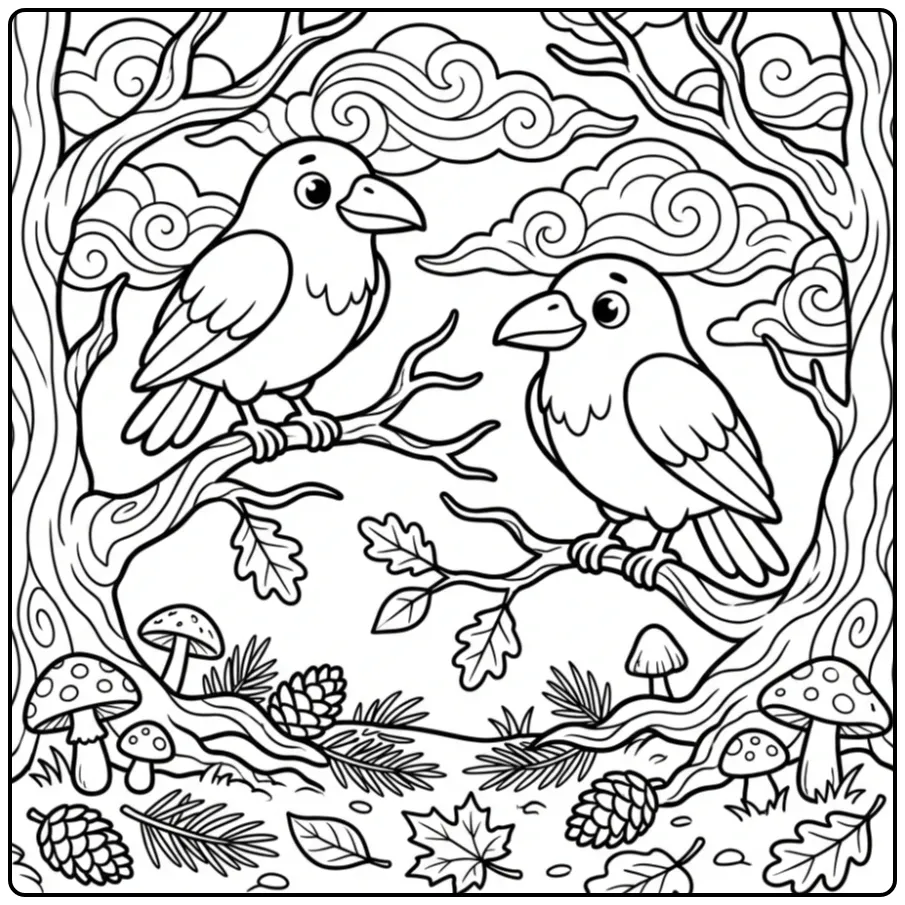 Fun Raven on a Winding Tree Branch coloring page