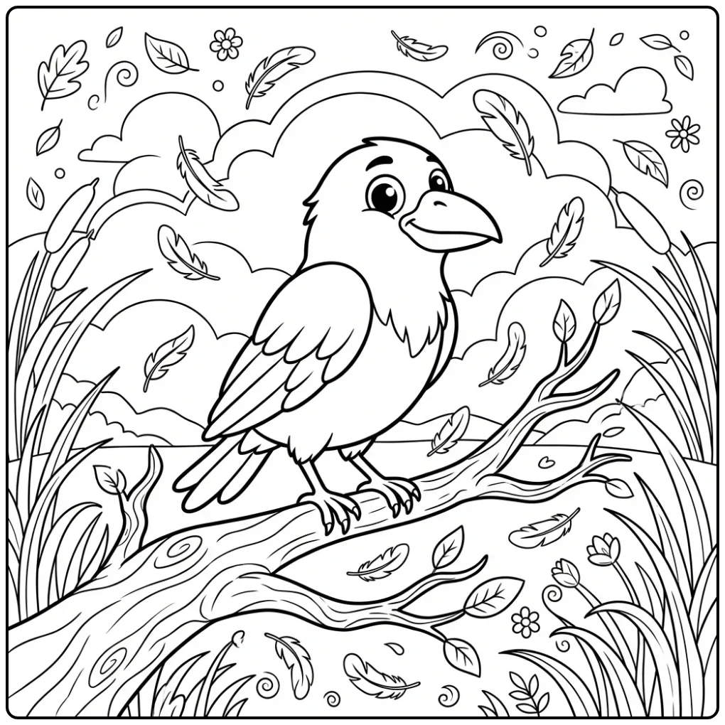 Raven coloring page sitting on a branch in nature