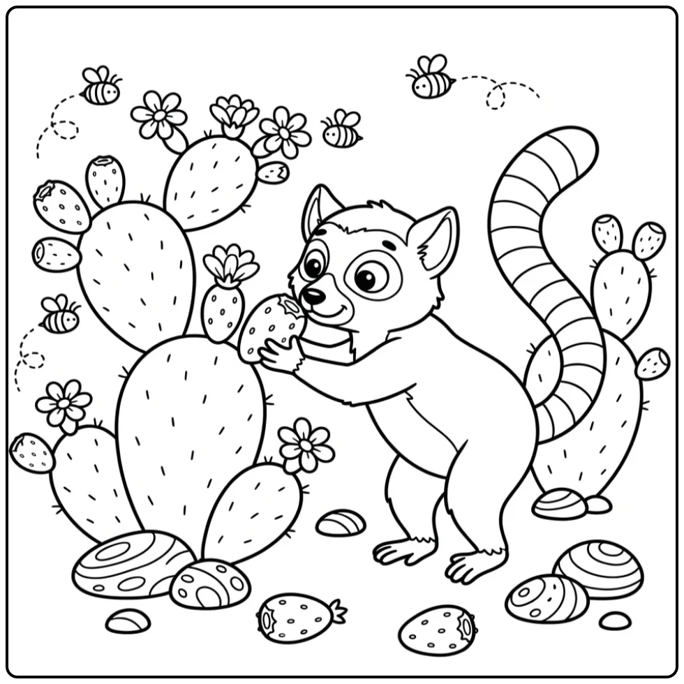 Ring-tailed lemur coloring page featuring a lemur by cactus