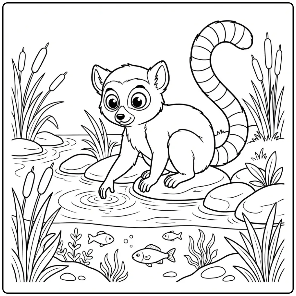 Ring-tailed lemur coloring page showing a lemur by water