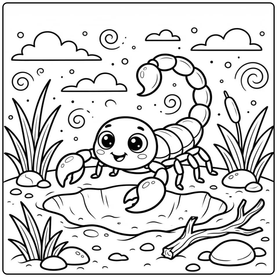Scorpion coloring page showing a scorpion near a desert burrow