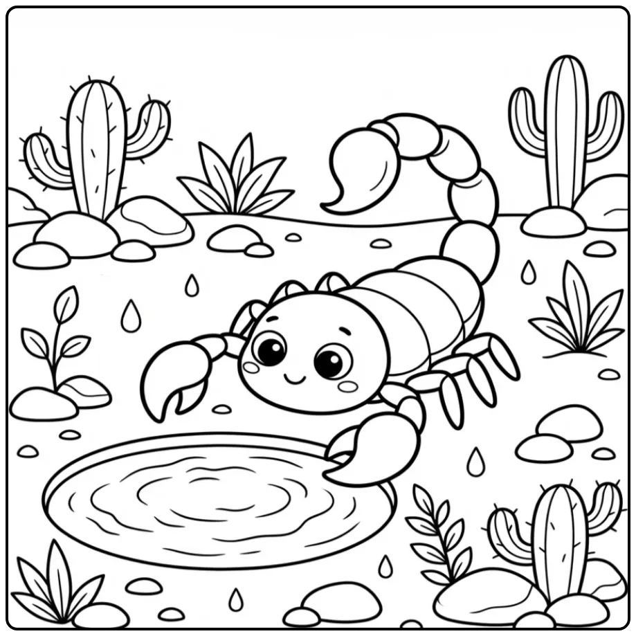Scorpion coloring page featuring a scorpion by a desert puddle