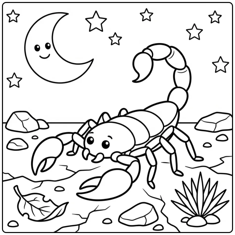 Scorpion coloring page featuring a moonlit desert scene