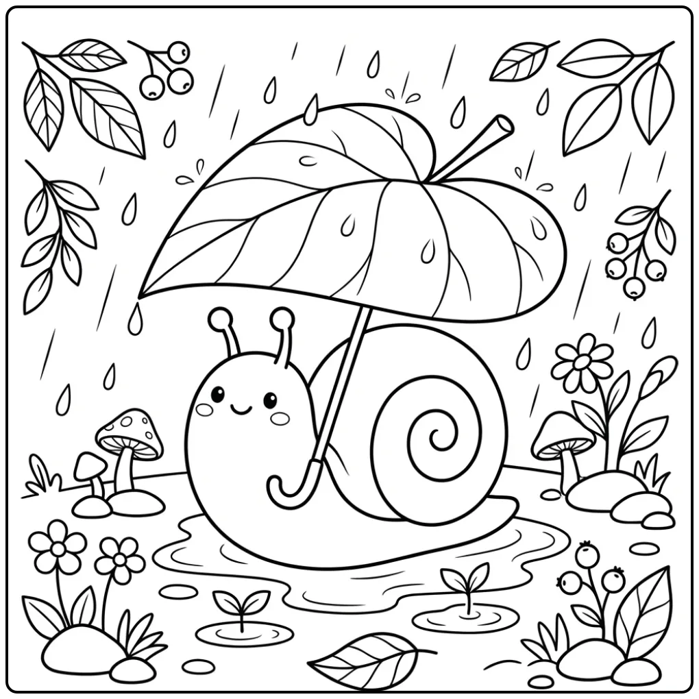 Fun Snail with Raindrops and an Umbrella Leaf coloring page