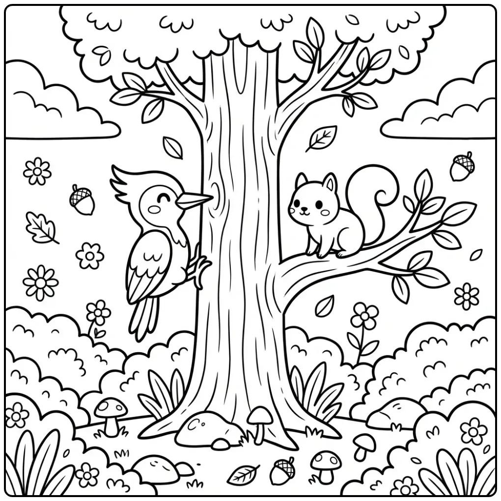 Fun Woodpecker and Squirrel in the Forest coloring page