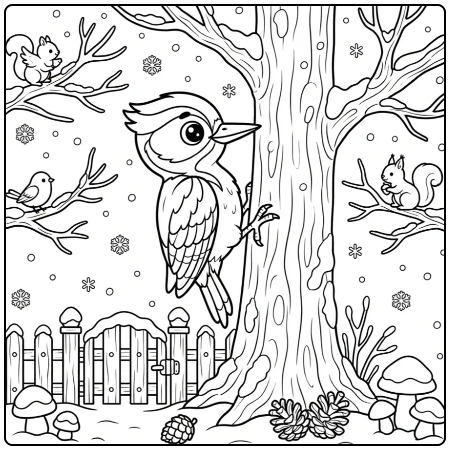 Fun Woodpecker in a Snow-covered Forest for Children coloring page
