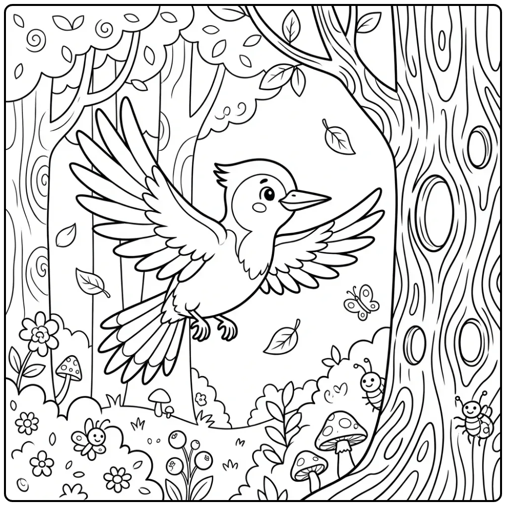 Fun Woodpecker with Spread Wings in the Forest coloring page