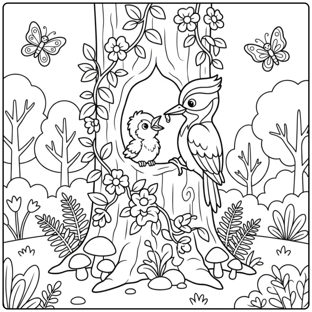 Fun Woodpecker with a Chick in the Forest coloring page