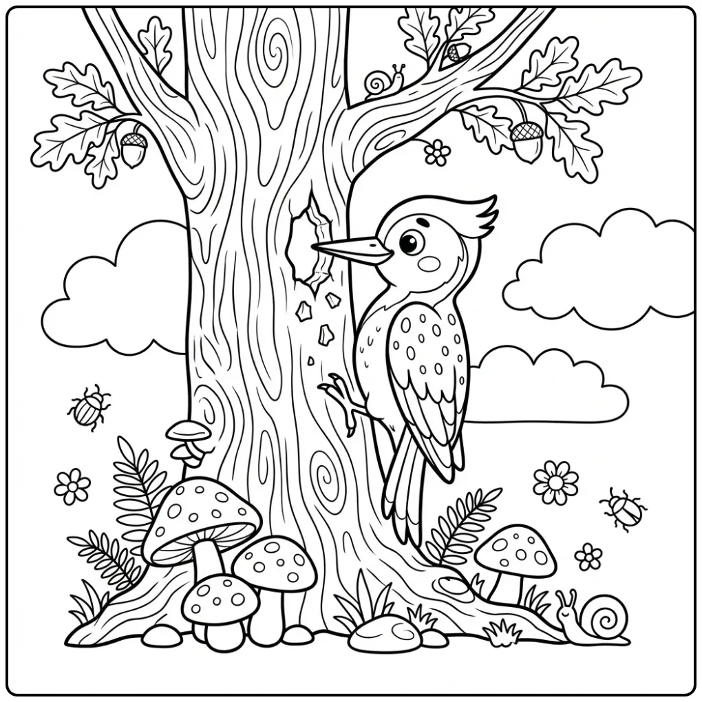 Fun Woodpecker Pecking a Tree Trunk coloring page