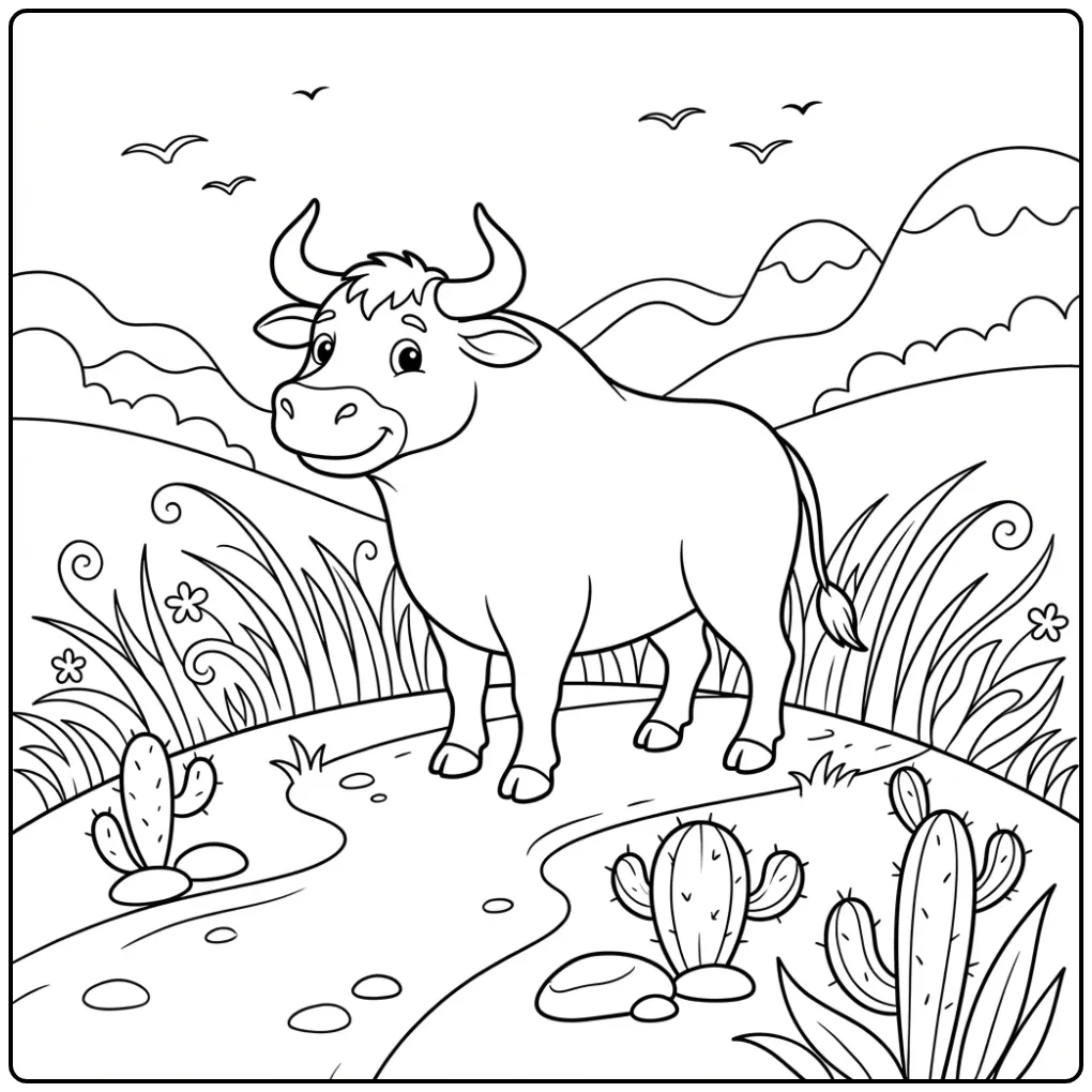 Fun Bull Walking Among Cactuses coloring page