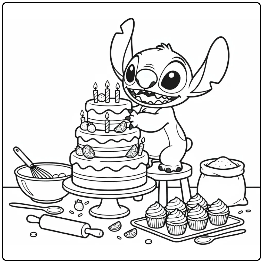 Stitch birthday coloring page decorating a cake