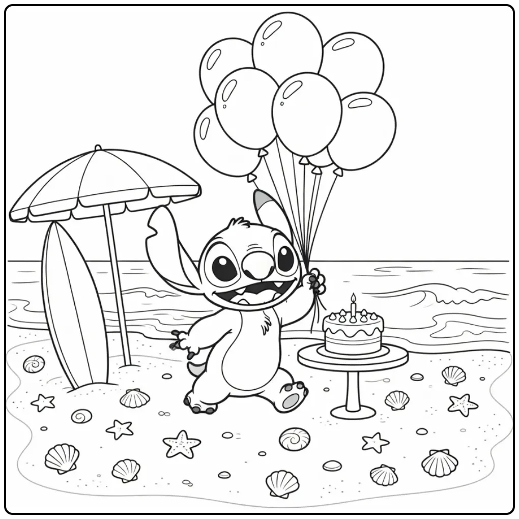Fun Stitch Birthday on the Beach coloring page