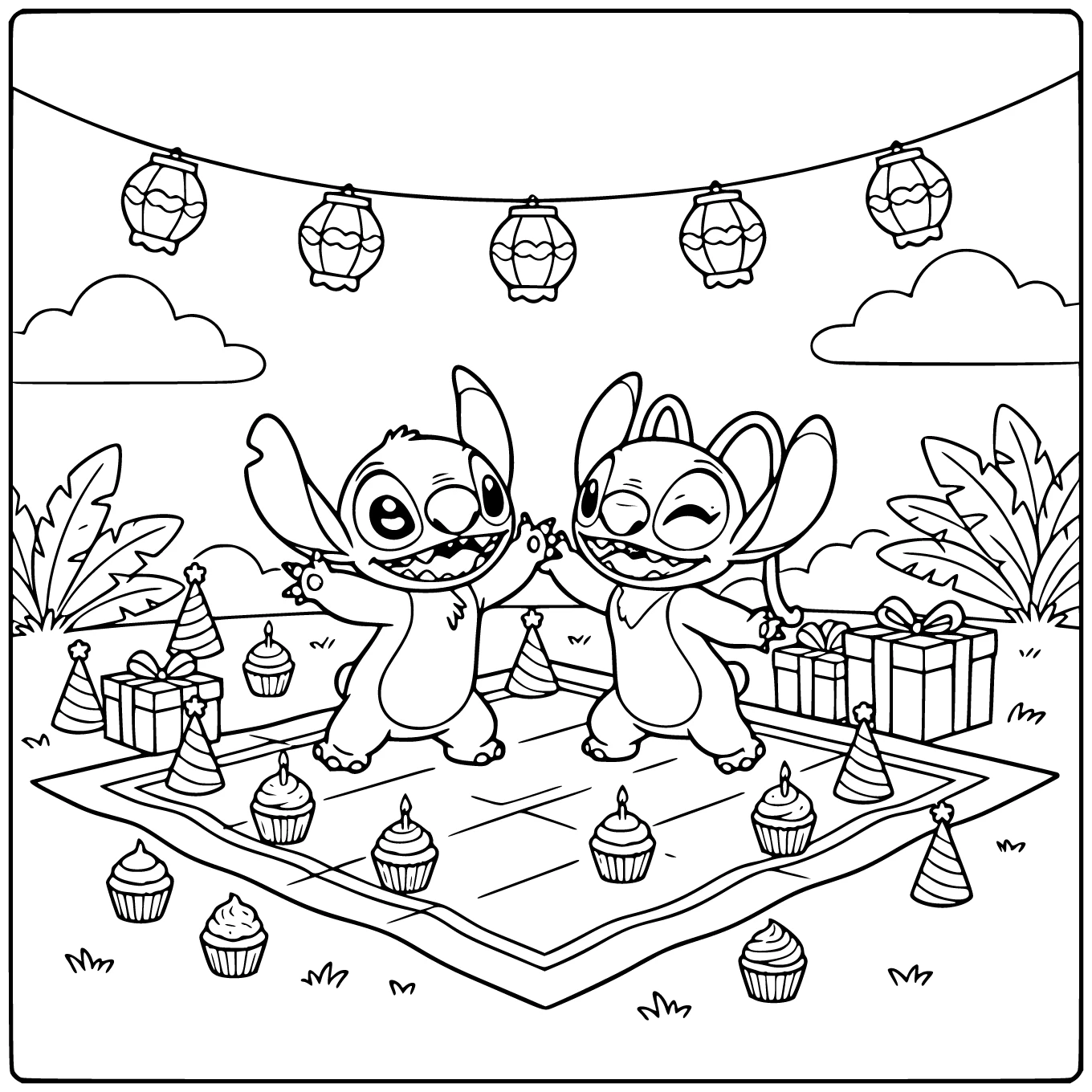 Fun Stitch Birthday Celebrating at a Party coloring page