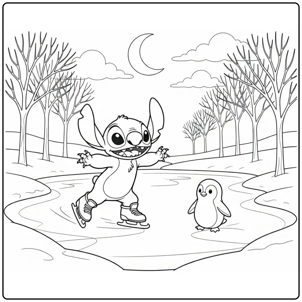 Fun Stitch Winter Skating on Ice coloring page