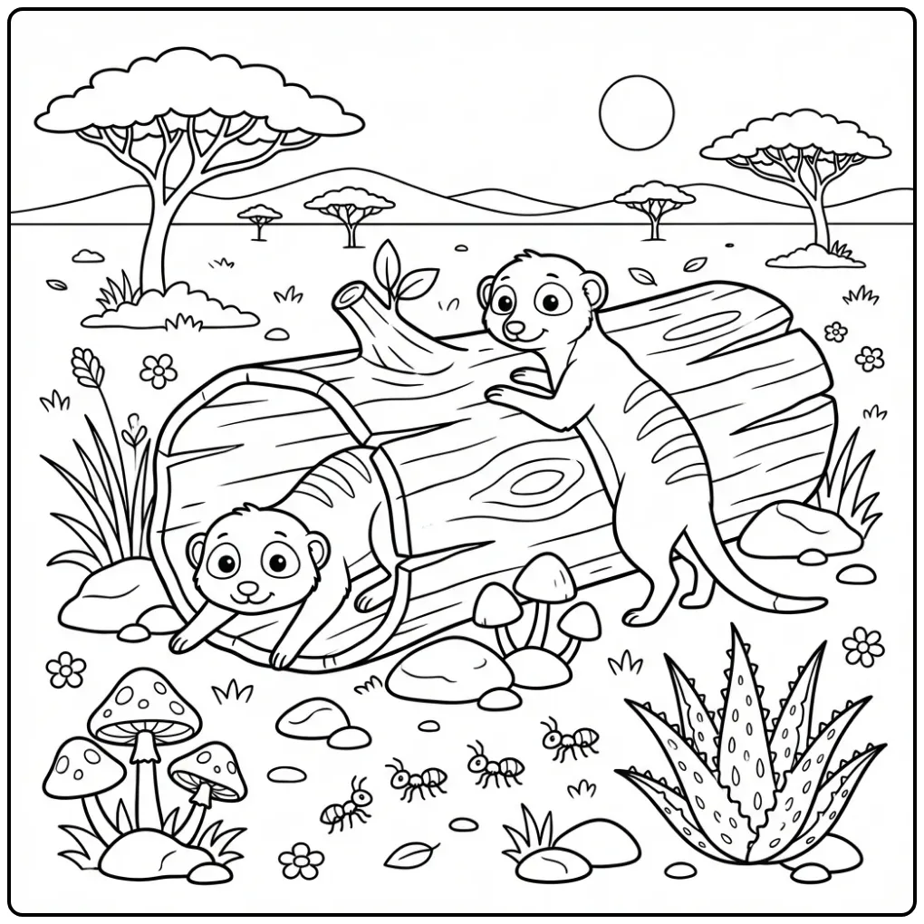 Meerkat coloring page showing two meerkats by a tree trunk