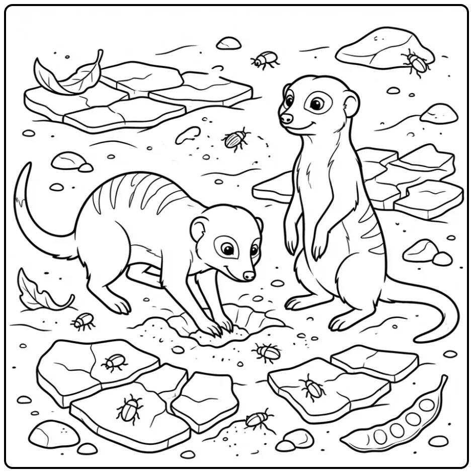 Meerkat coloring page showing meerkats digging in the sand