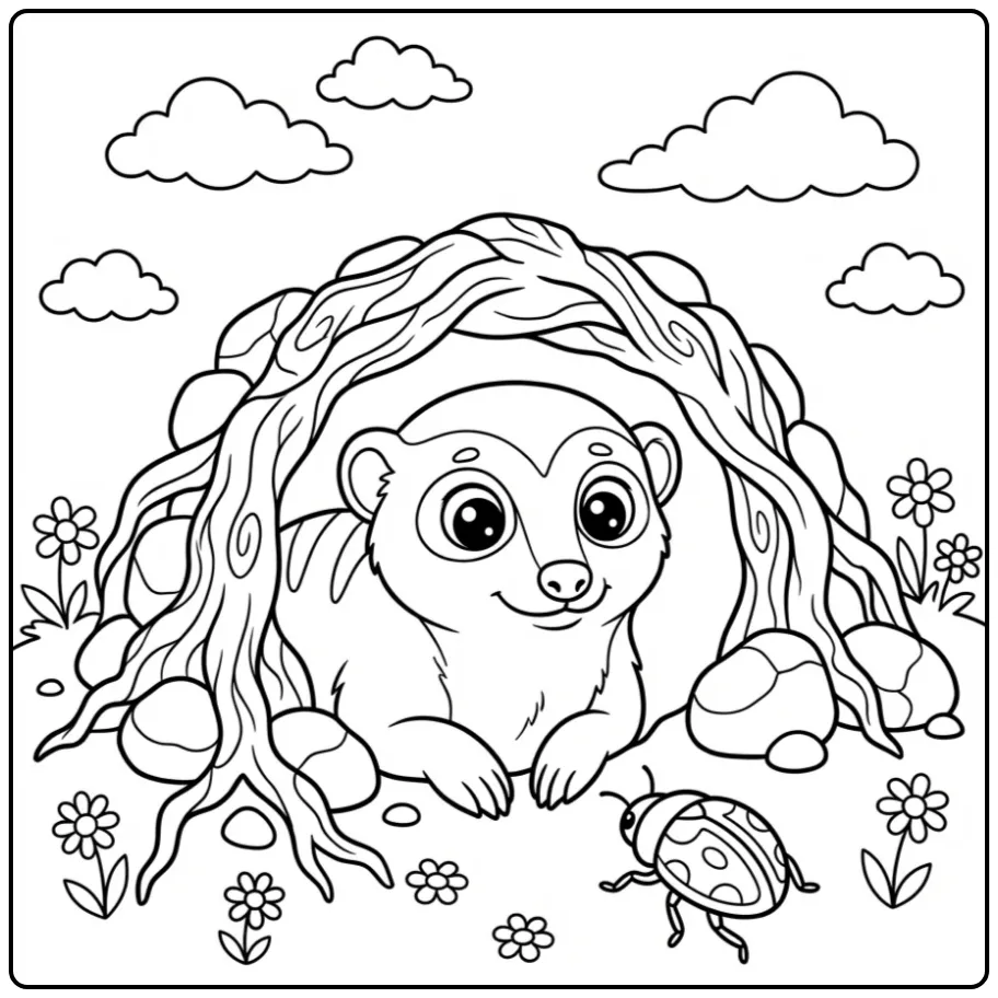 Meerkat coloring page featuring a meerkat peeking out of a burrow
