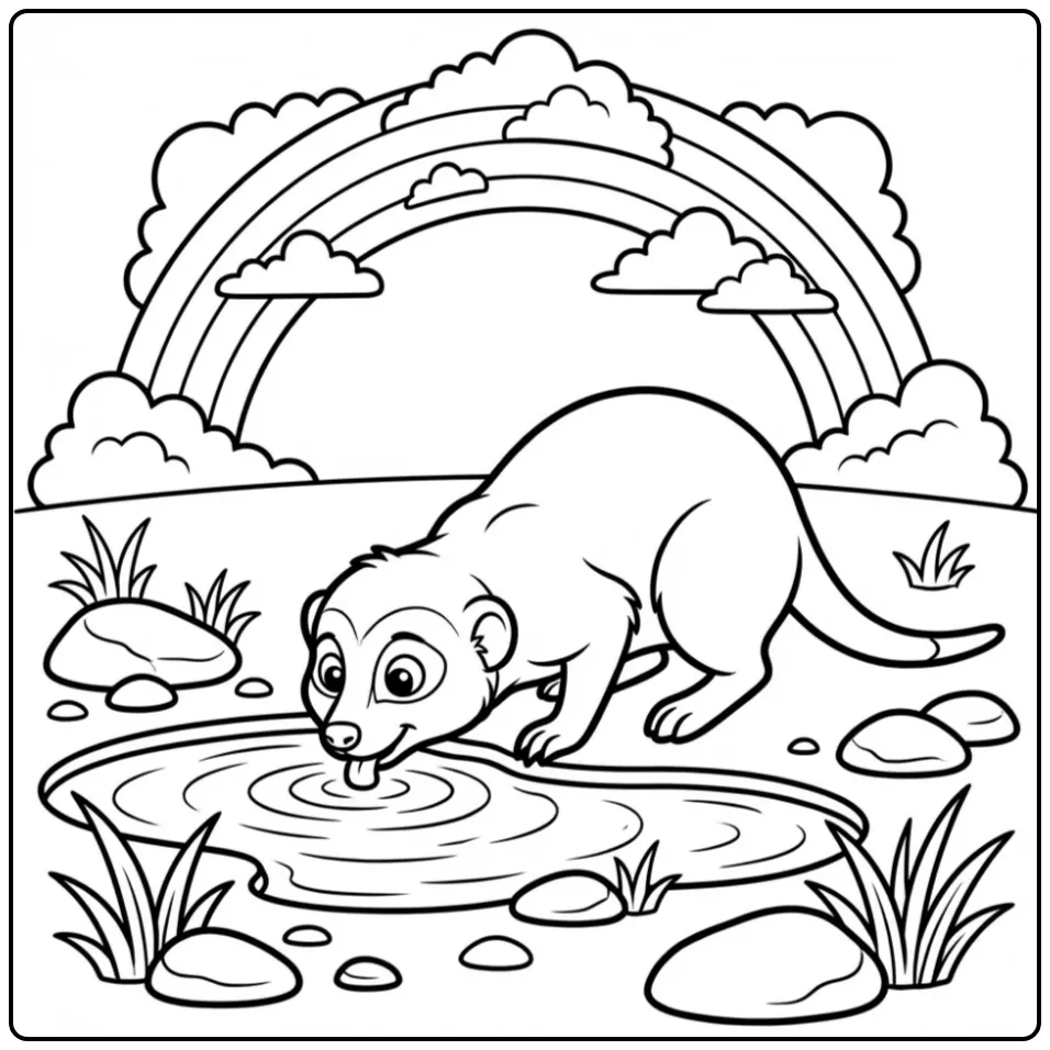 Meerkat coloring page featuring a meerkat by water and clouds