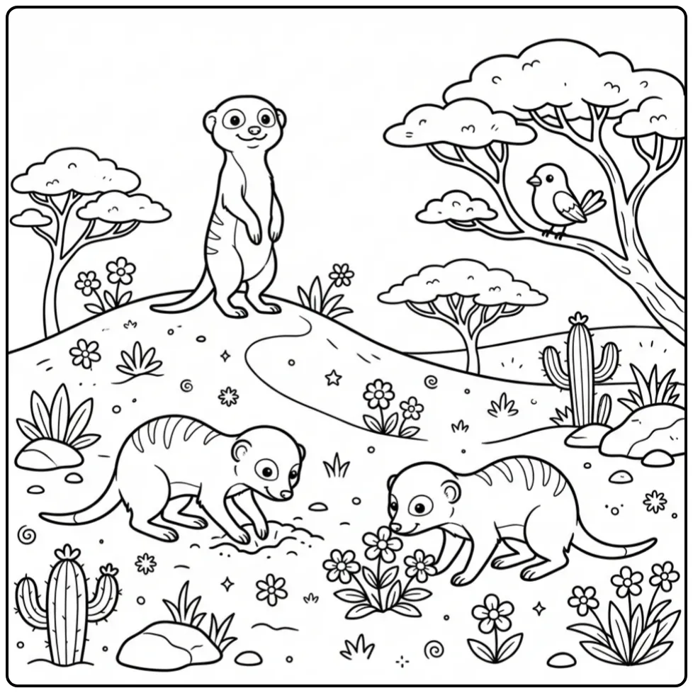 Meerkat coloring page showing meerkats on a desert mound