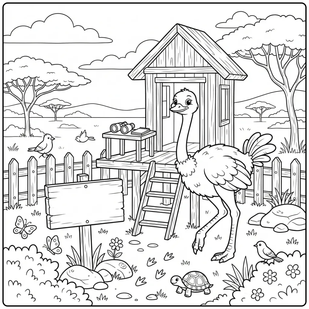 Cartoon ostrich coloring page by an observation post