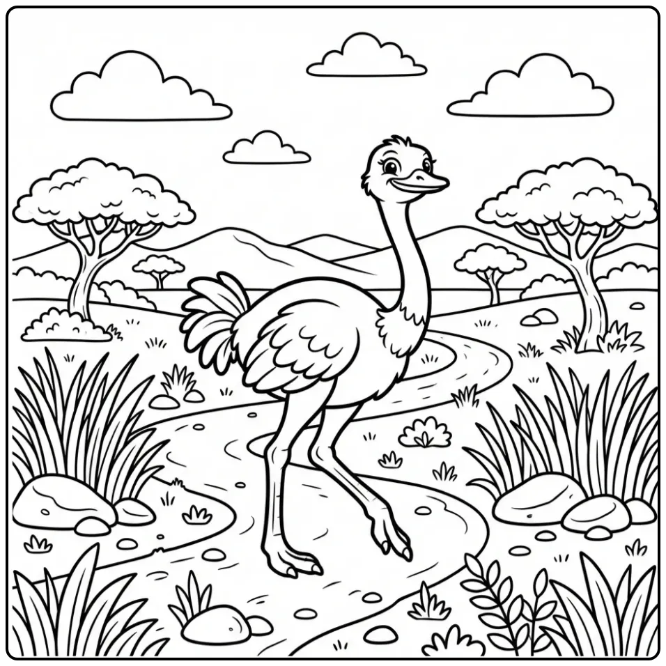 Cheerful ostrich coloring page running through grass
