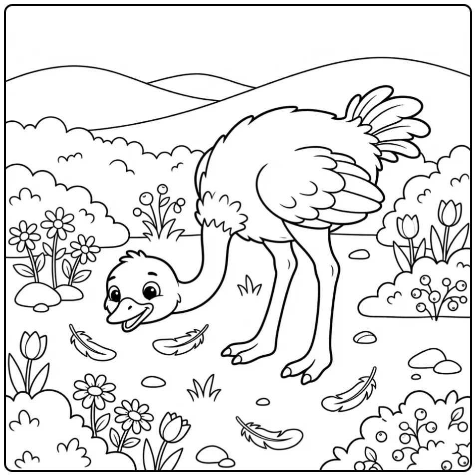 Cute ostrich coloring page among flowers