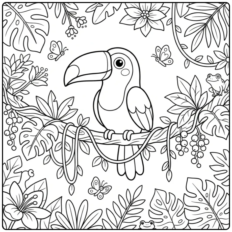 Fun Toucan with Tropical Leaves coloring page
