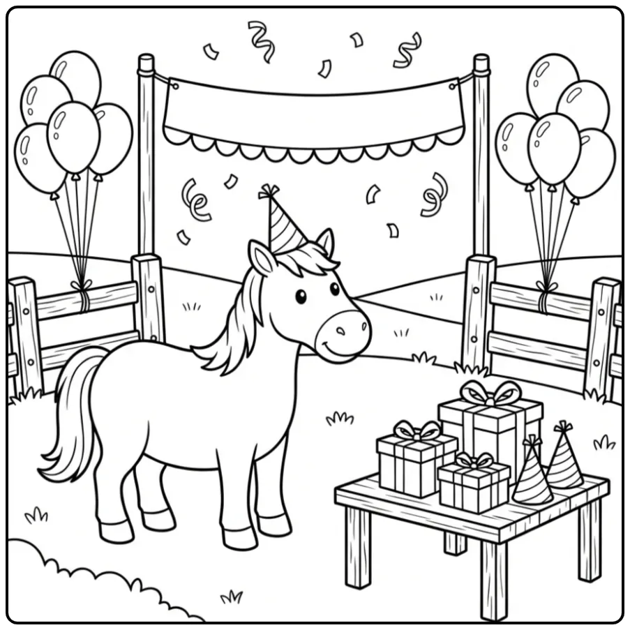 Fun Birthday Horse with Gifts and Confetti coloring page
