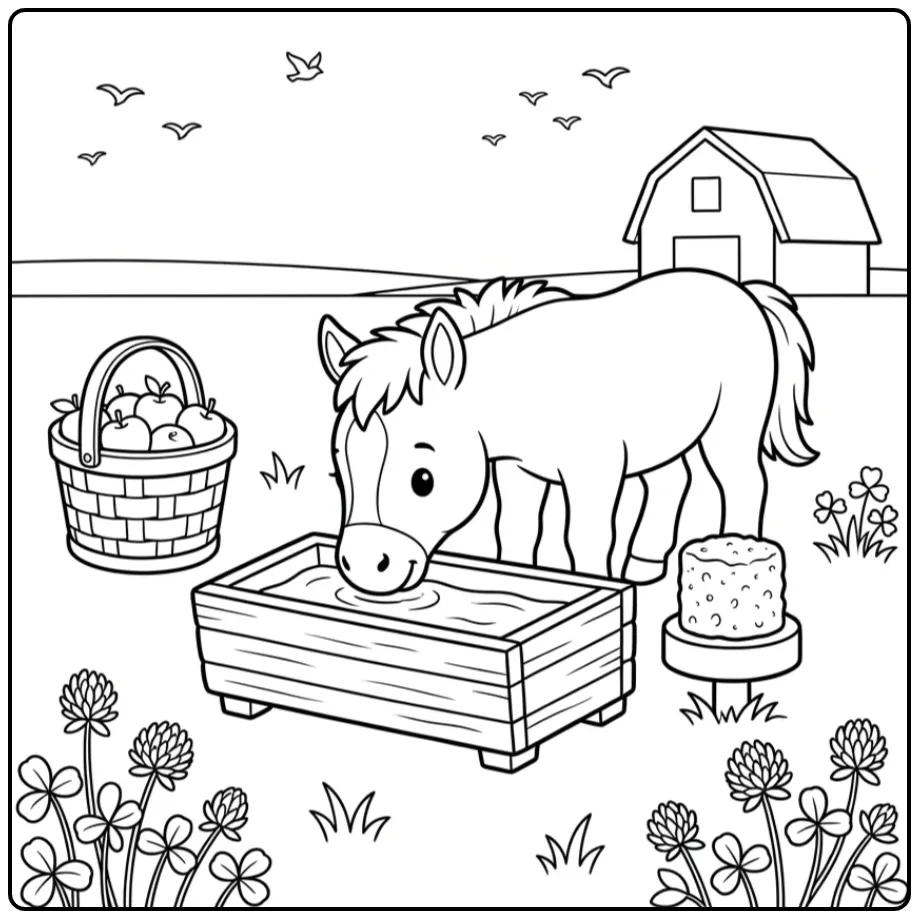 Fun Foal with a Water Trough and Apples coloring page