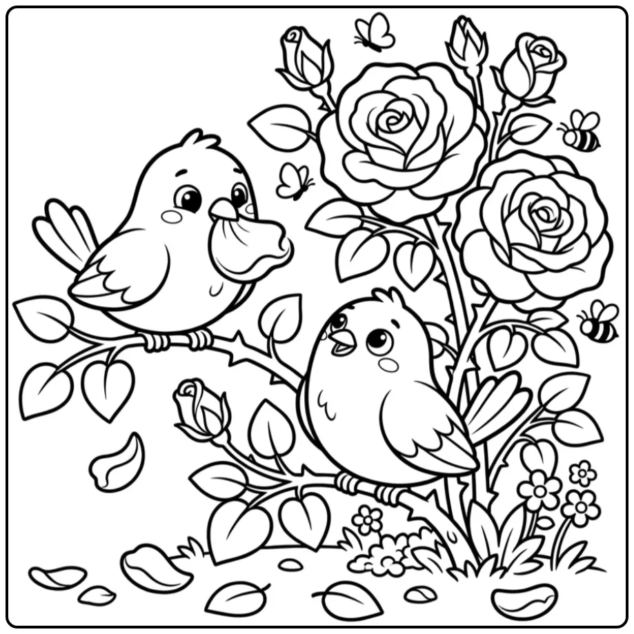 Fun Birds and Flowers with a Bird and Rose Petal coloring page
