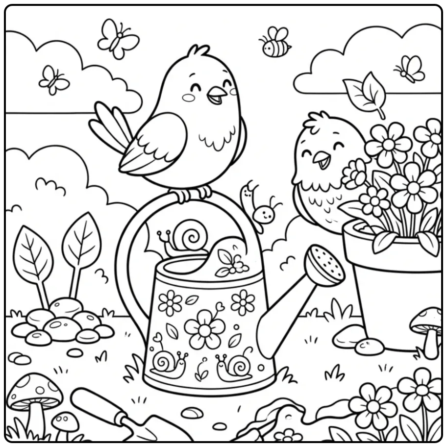 Fun Birds in the Garden with Watering Can coloring page