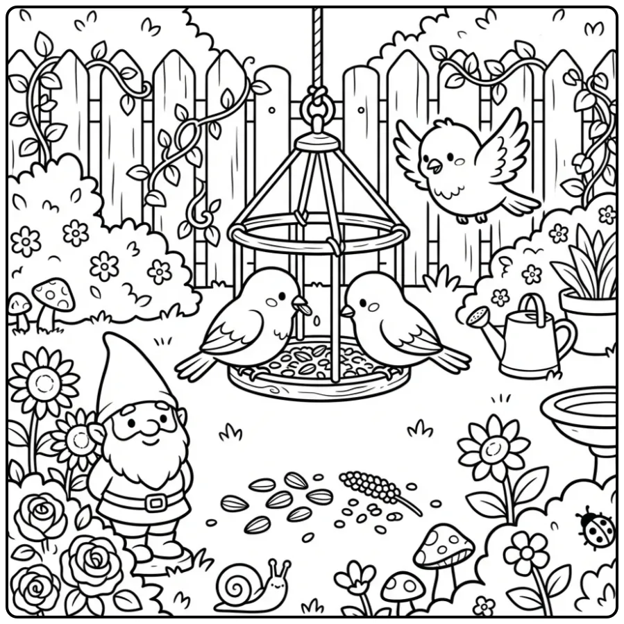 Fun Birds in the Garden with a Bird Feeder coloring page