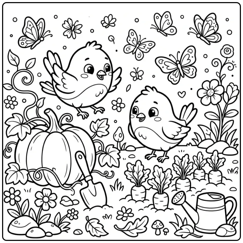 Fun Birds in Garden Among the Vegetables coloring page